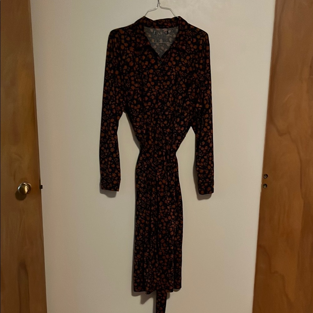 Eloquii Navy and Orange Wrap Tie Front Long Sleeve Dress
